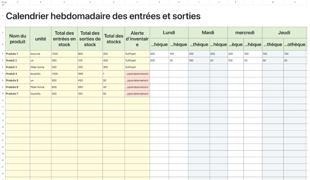 Calendrier hebdomadaire des entrées et sorties